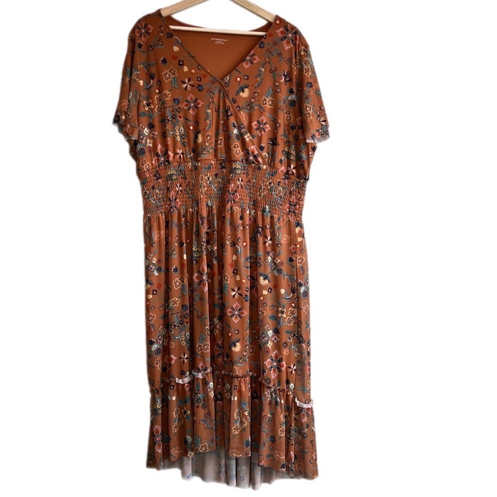 Canyon Retreat Mesh Cottagecore Modest Flutter Sleeve Dress Copper XL Floral